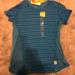 A blue striped carhartt, quite form fitting tee